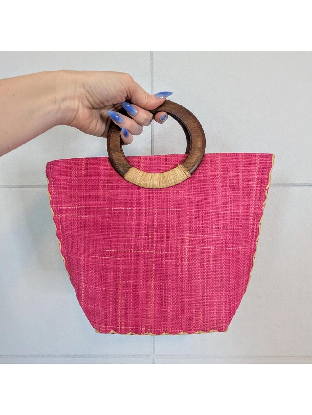 Natural handmade raffia woven mini occasion bag w/ wooden handles